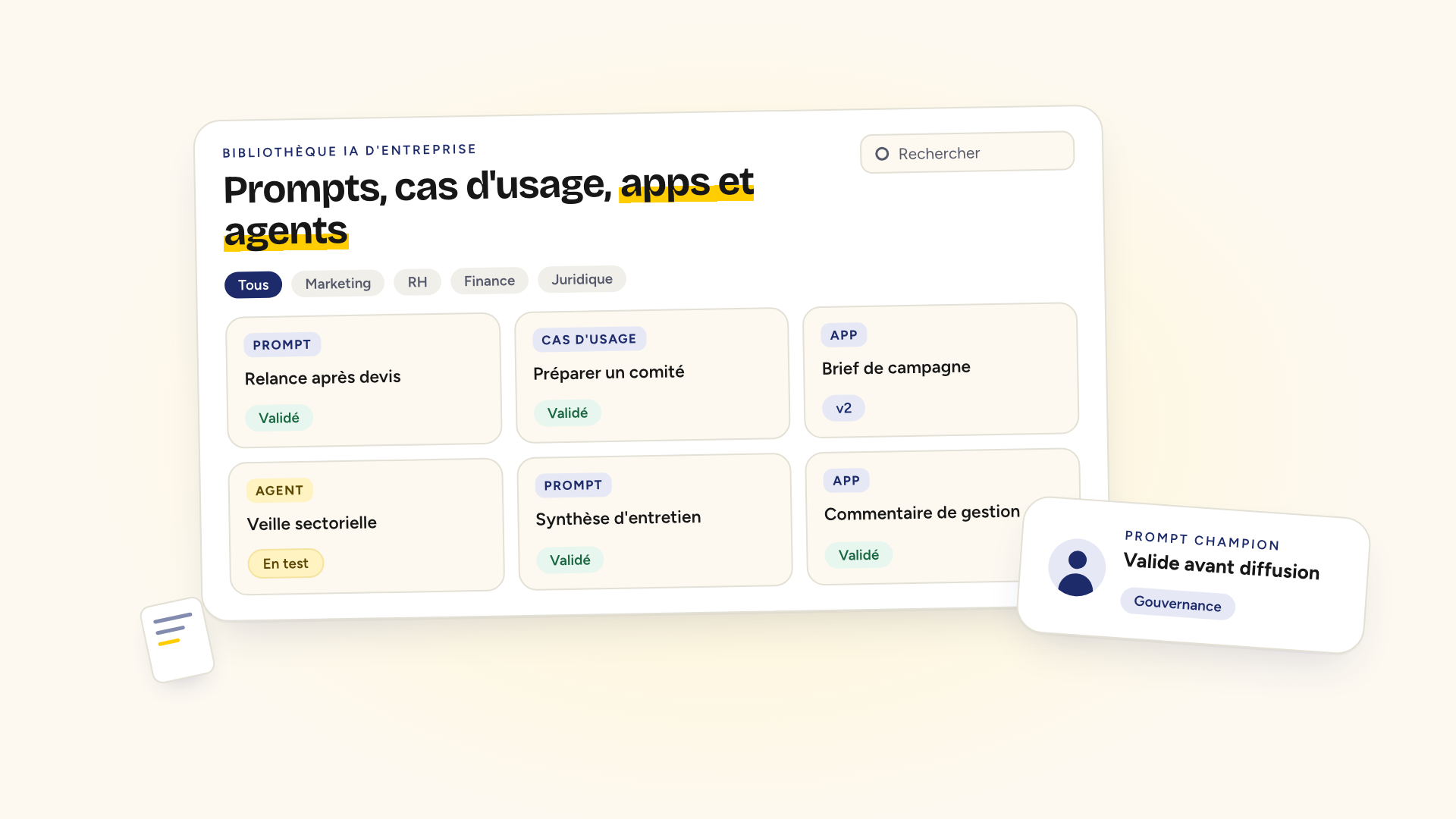 Bibliothèque de prompts IA d'entreprise — prompts, cas d'usage, apps et agents centralisés