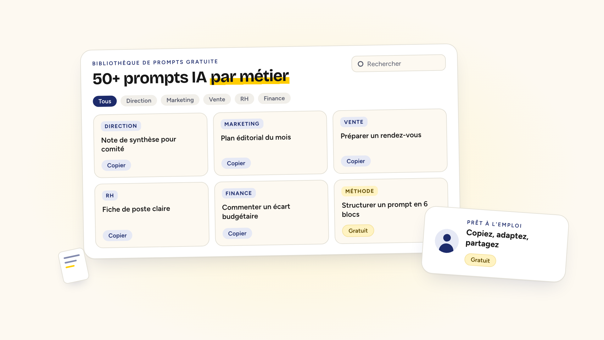 Bibliothèque de prompts IA gratuite par métier — direction, marketing, vente, RH, finance